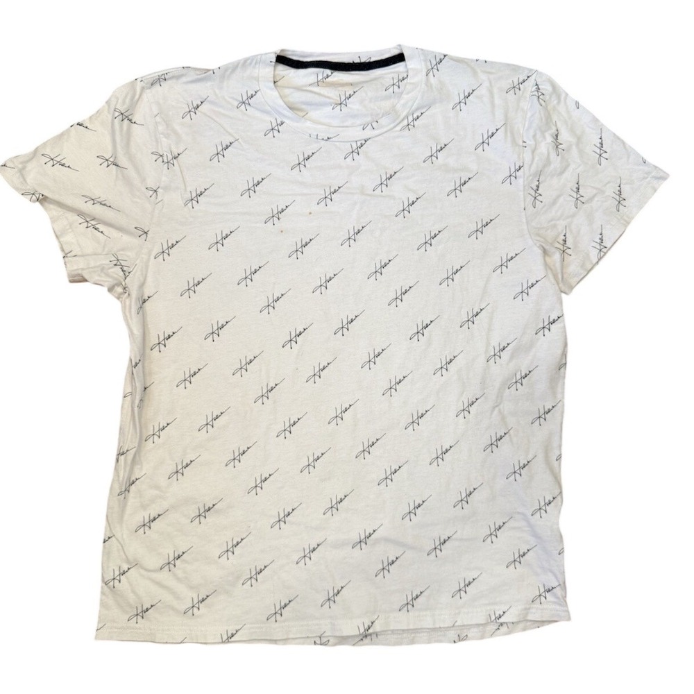 Hollister Mens All Over Script Logo T Shirt White Short Sleeve Crew Neck Size L